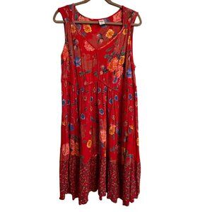 Bila Floral Sleeveless Red Boho Midi Gauze Crinkle Dress Rayon Made in India - L